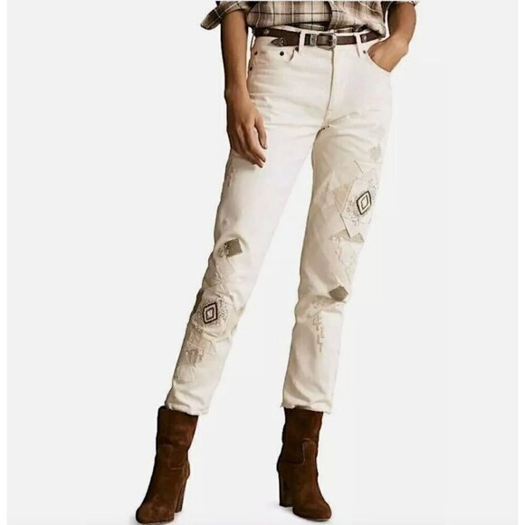 NWT POLO Ralph Lauren Avery Boyfriend Jean In Beaded Ivory Size 34 - Picture 1 of 13